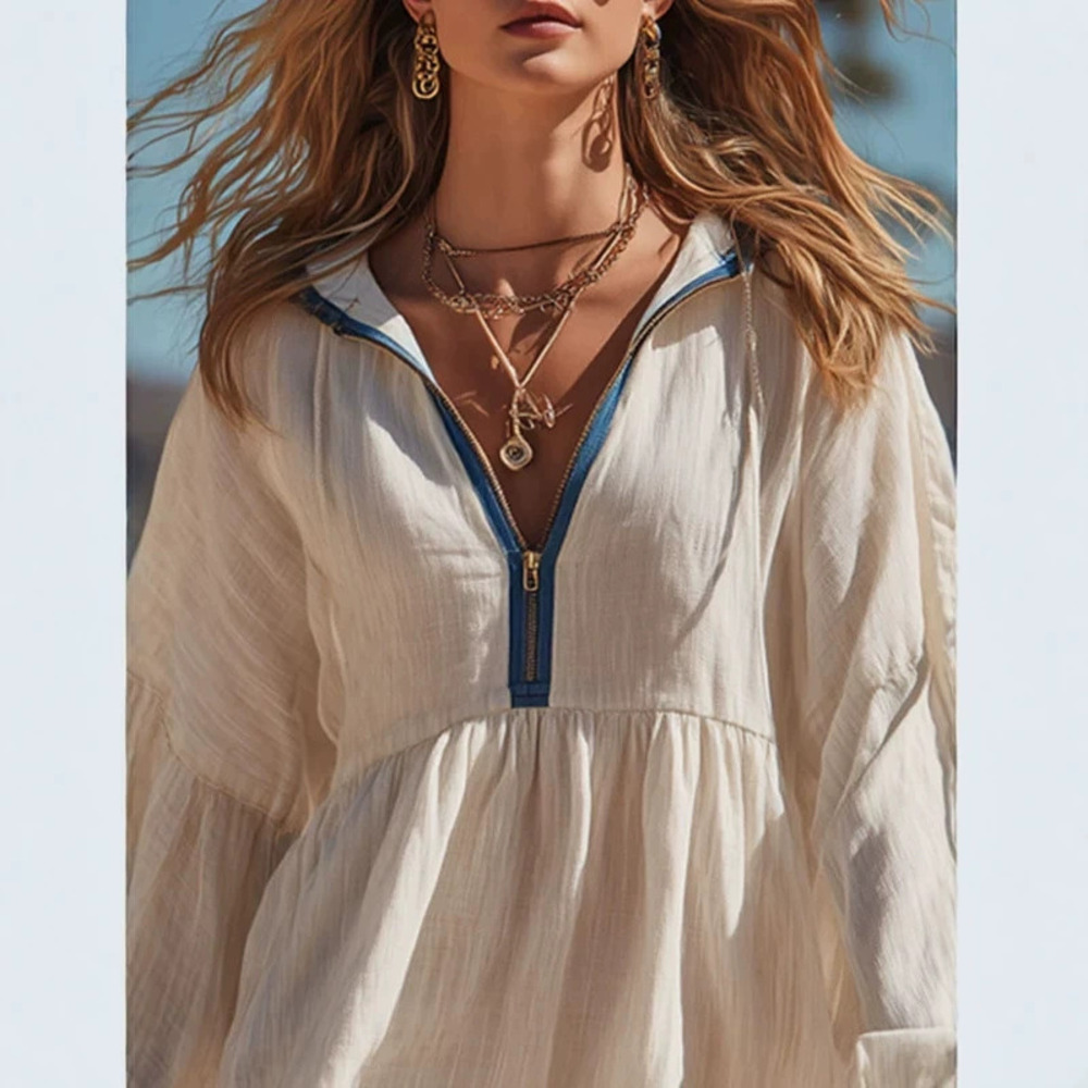 Vintage Blue Trim White Long Sleeve Ruffled Hooded Mini Dress